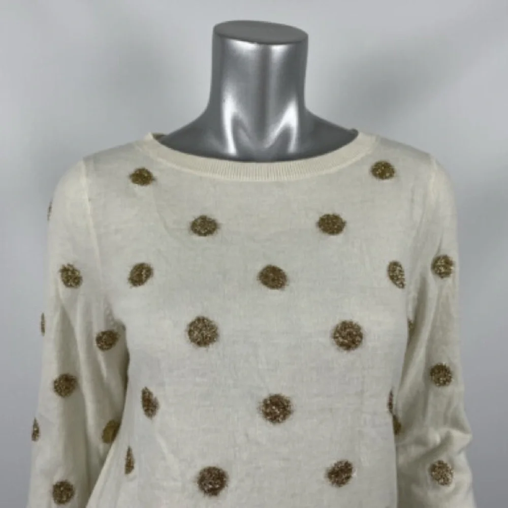 EUC Talbots Cream Sweater with Silver,Shiny Polka Dot w/Long Sleeves Scoop Neck - Picture 3 of 11